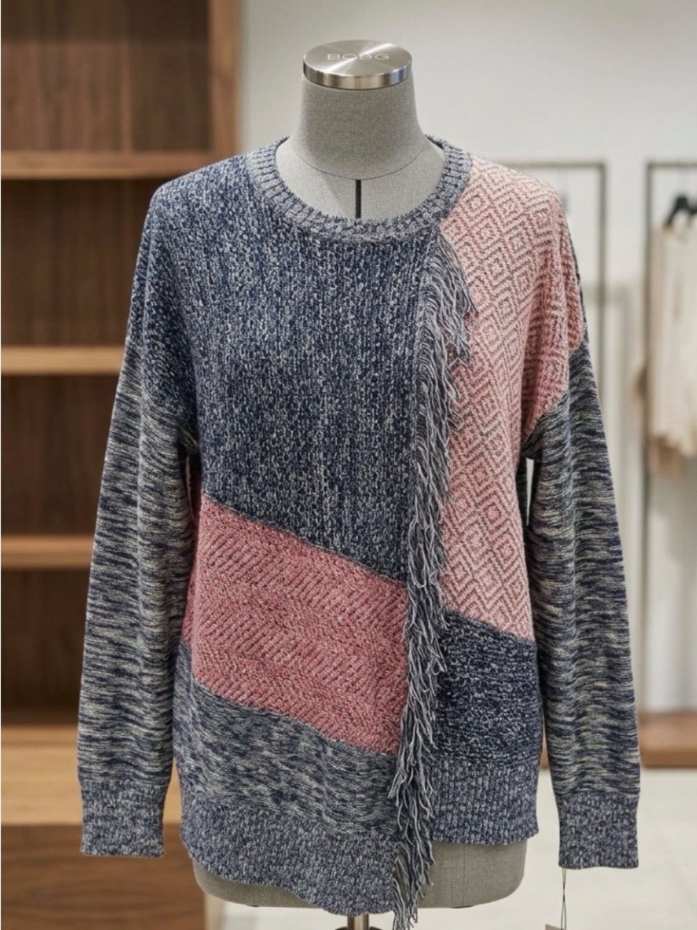 BCBGMaxAzria Boho Colorblock Knit Pullover Sweater with Fringe Detail Large